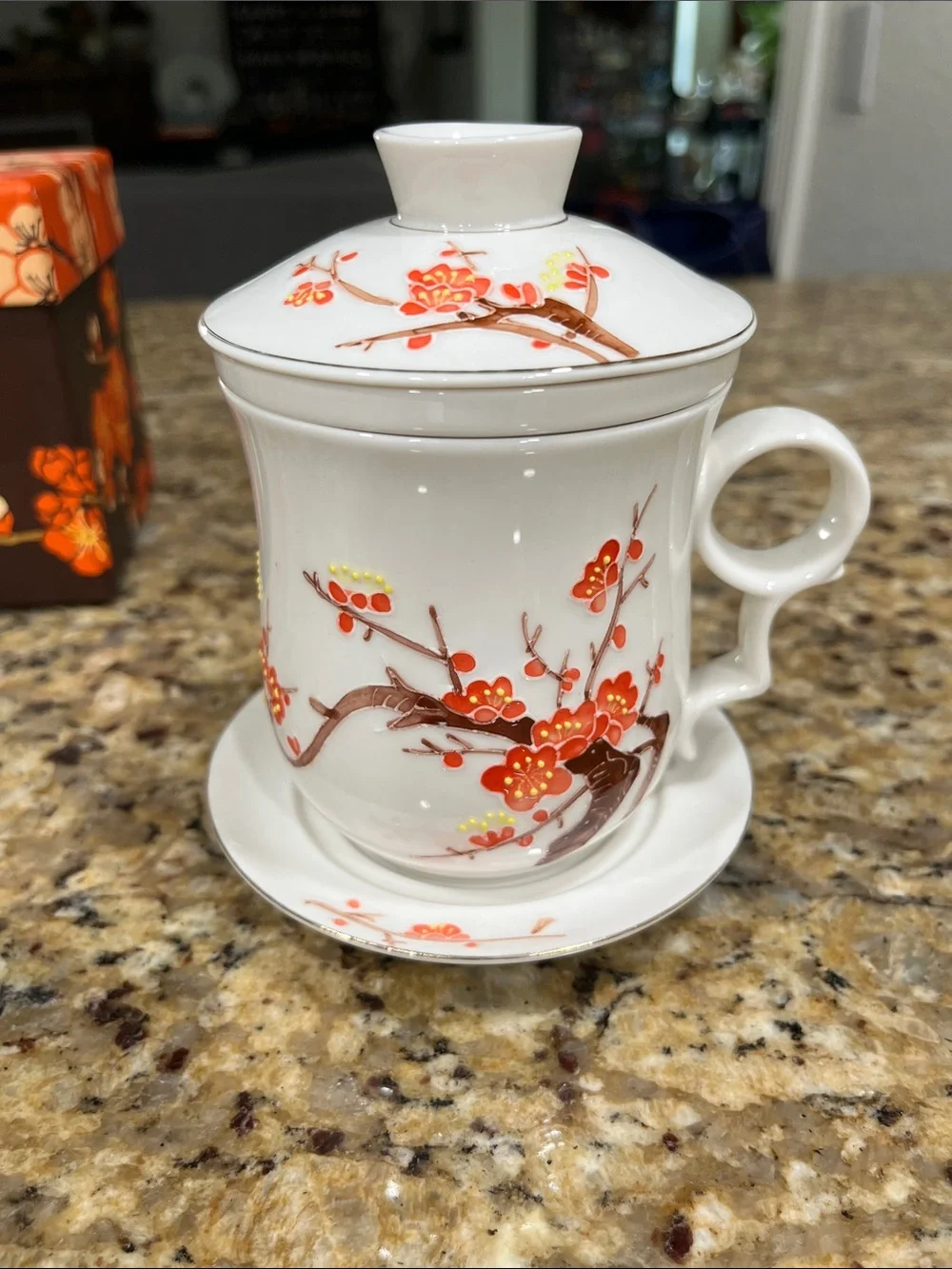 Teavana Okura Ume Blossom Infuser Mug - White with Orange and Red Floral Accents
